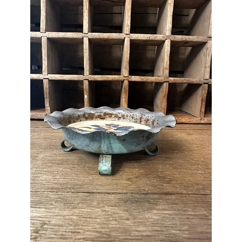 Vintage Hand Painted Ceramic Trinket Dish with fluted metal rim and feet